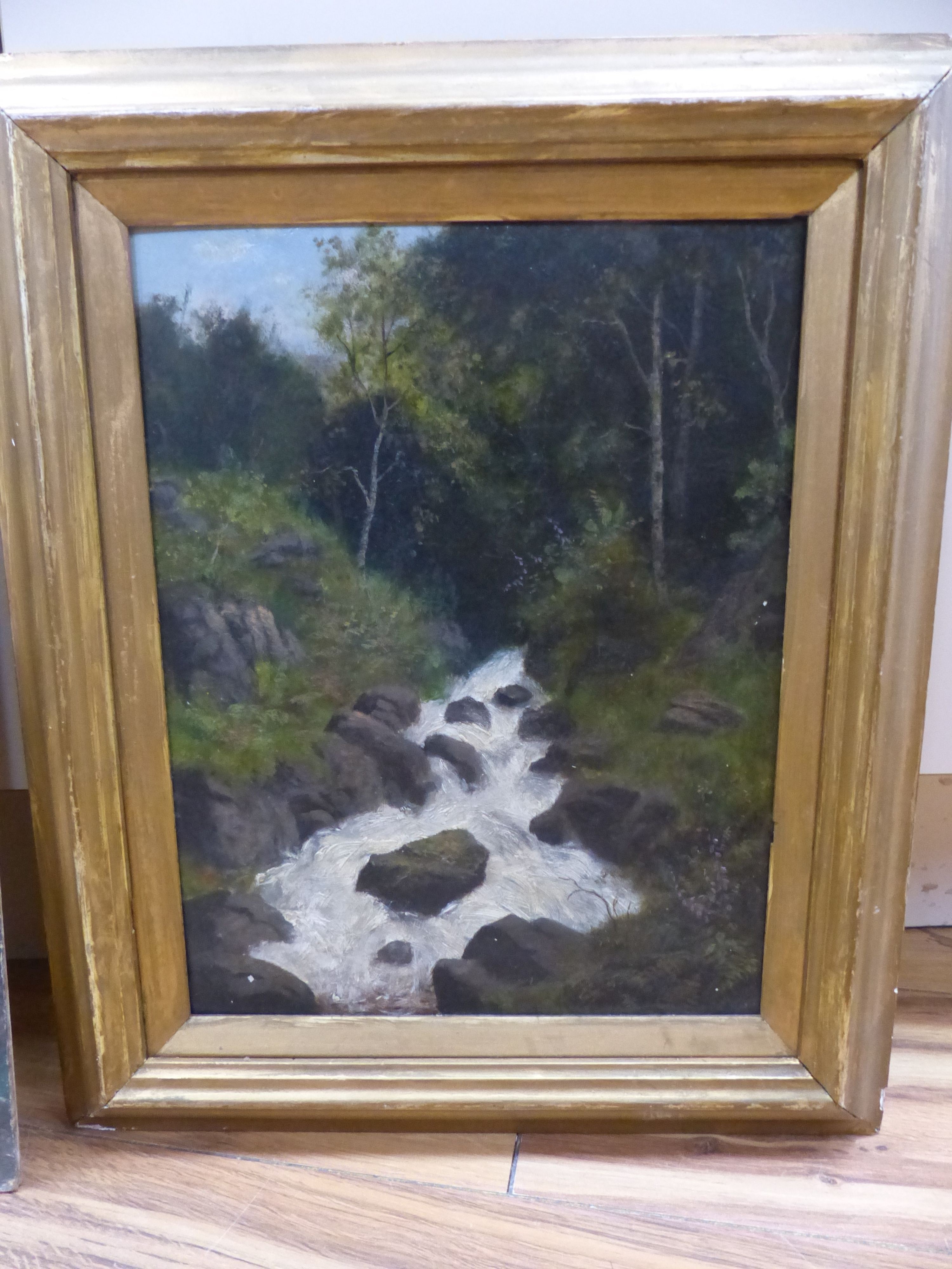 After William Mellor, oil on board, Woodland stream, 30 x 23cm and an unframed oil of a fjord, 40 x 30cm